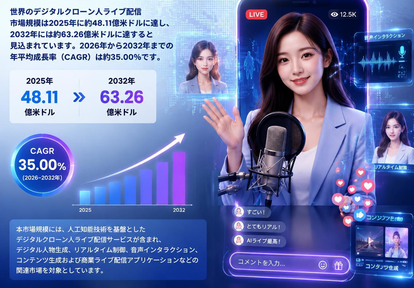 世界デジタルクローン人ライブ配信市場レポート2026：6727百万米ドル規模と今後の成長性を分析