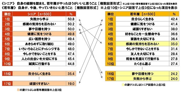 《シニア》自身の経験を踏まえ、若年層がやったほうがいいと思うこと《若年層》今後、やっていきたいと思うこと