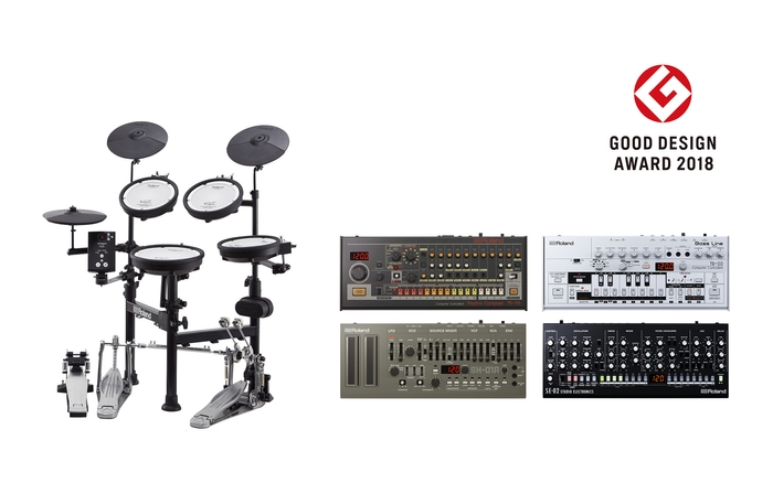 Vドラム『TD-1KPX2』(左)と『Roland Boutiqueシリーズ』の『TR-08』(左上)、『TB-03』(右上)『SH-01A』(左下)、『SE-02』(右下)