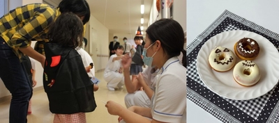 平成28年度(2016年度)のハロウィンイベントの様子(左)、「かぼちゃの焼きドーナッツ」(右)