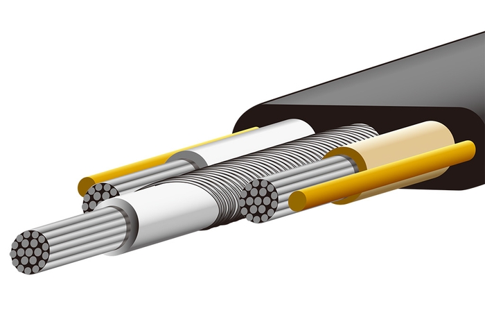 フラットケーブルの内側にアラミド繊維（両端の黄色い線材）を配することで、引っ張りに対する強度を高めています