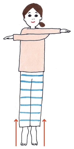 〈スロー・ラジオ体操1〉両腕を交差し、かかとを上げる