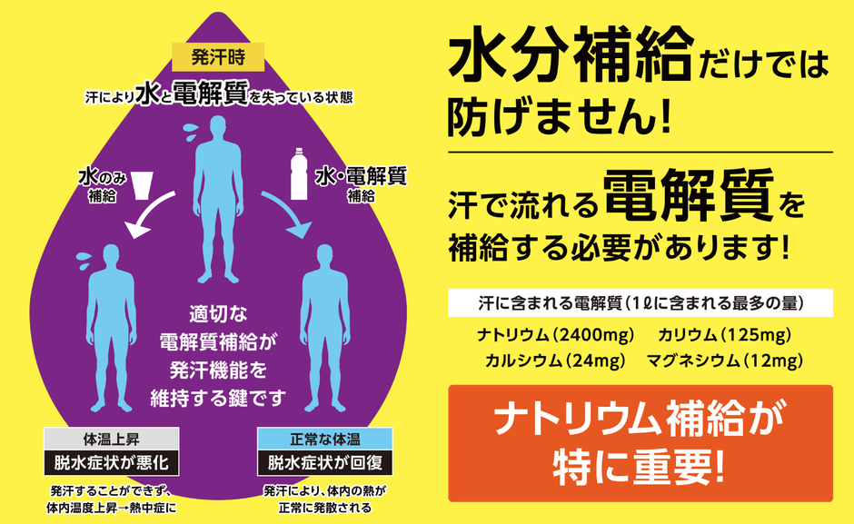 熱中症は水分補給だけでは、防げません！