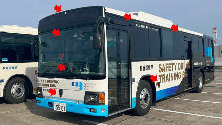 乗合型教育訓練車 (中日臨海バス様ご協力)※赤矢印は、機器取付位置イメージ