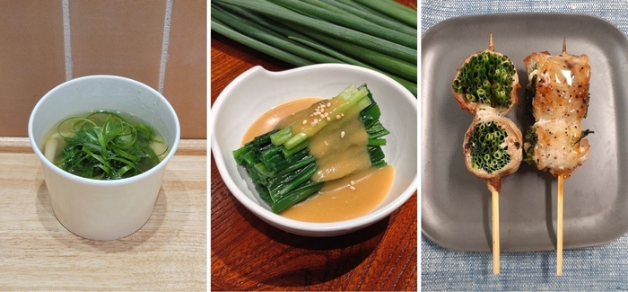 左から 【宮城県産・福岡県産】 小ねぎのぬた和え ※定食小鉢での提供 （みのる食堂銀座） 【宮城県産・福岡県産】小ねぎと鶏団子の春雨スープ650円（みのりカフェ銀座） 【福岡県産】国産豚 小ねぎ巻き串432円（みのりみのるチキン）