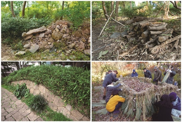 上段:積み上げた石の隙間や石垣のくぼみは虫や小動物の隠れ場所/間伐した枝や幹は昆虫や微生物の力を借りてゆっくり土に還る、下段:自然な美しさを残した除草と生き物の利用しやすさを両立/「新・里山」で育った竹と稲刈り後のわらを使用した手作りの堆肥置き場
