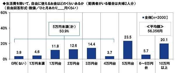 生活費を除いて、自由に使えるお金はどのくらいあるか