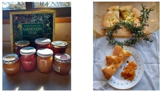 妻のＨ様お手製の庭で採れた実のジャムと自家製のフォカチャ／庭で採れたニンニクとローズマリー、リンゴで作ったジャムを添えて