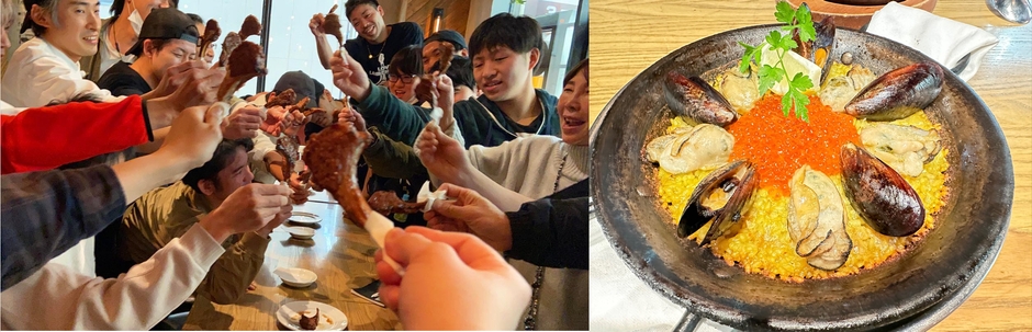 左:みんなで“ラムチョップ乾杯”!、右:冬限定のいくらと牡蠣のパエリア