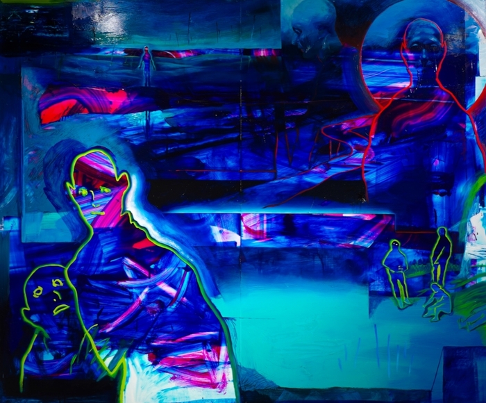 長谷川彰宏「懺悔、来迎、祈り。あるいは地平線」 (2022) ボード、アクリル板、油彩 162.1×194cm