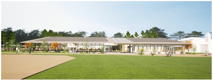 建物正面イメージ。右側;売店、左側:レストラン