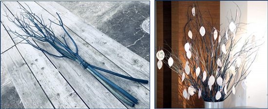 【左】徳島が誇る「阿波藍」で染め上げたミツマタ 【右】ミツマタの七夕飾り