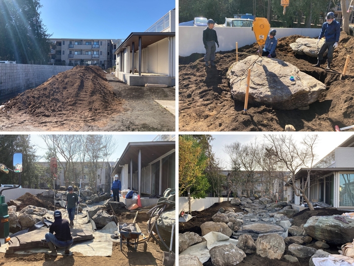 工事着手前のお庭(左上)石をクレーンで下ろす作業(右上) 職人さんと共に作業する村上(左下)イメージに近くなった工事中の庭(右下)