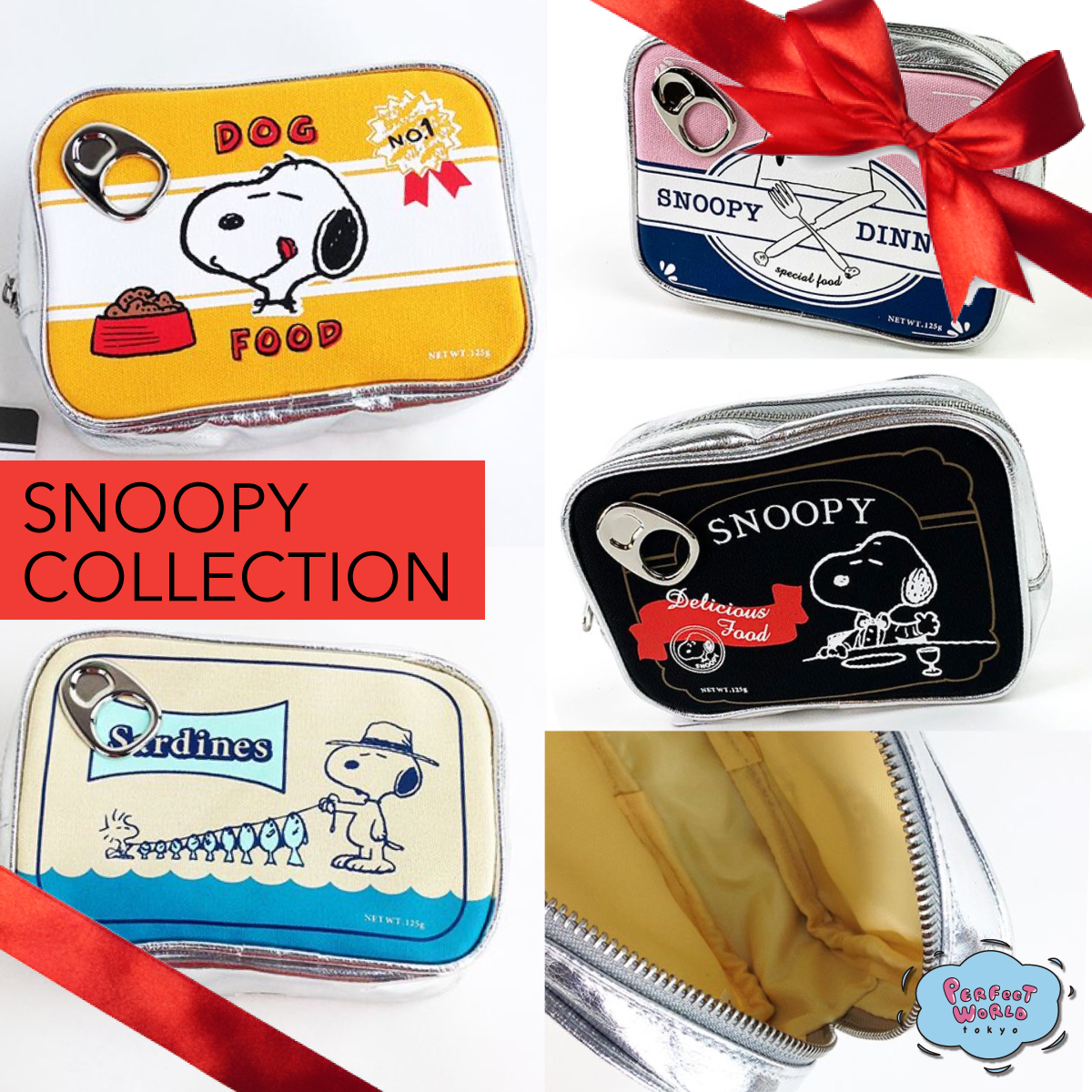 まるで本物！？個性豊かなスヌーピーの缶詰ポーチがカワイイ♡