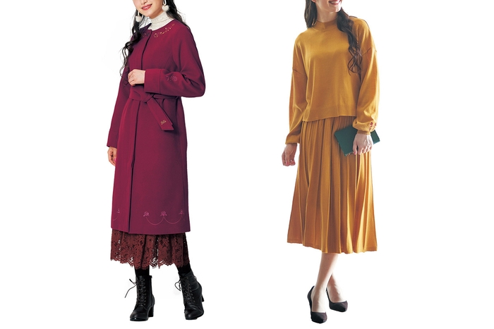 「刺繍入りプリンセスラインコート」& 「ポイント刺繍入りニットセットアップ」