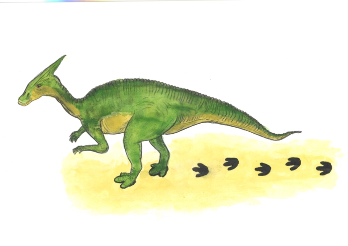 足跡をつけて歩く大型鳥脚類の復元図(絵:石垣忍・悠)