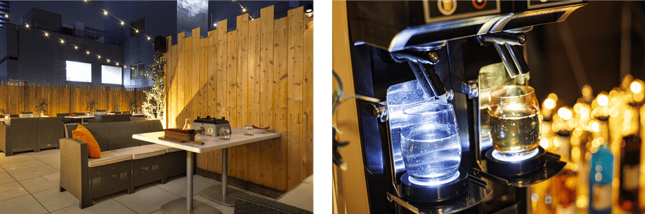 全席ソファ席でゆったりとした空間、フリーフローで自由に組み合わせるドリンク各種