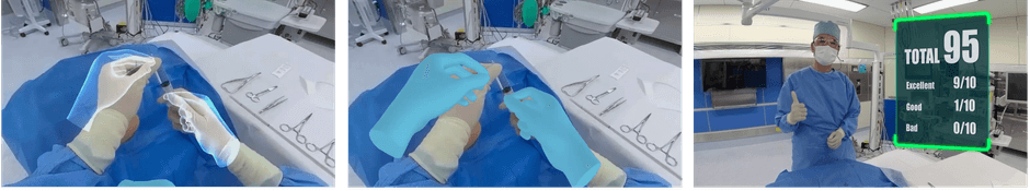 ①英語による解説・お手本シェイプ表示②プレイヤーの手を重ねて実践・評価③スコア表示で習熟度を評価