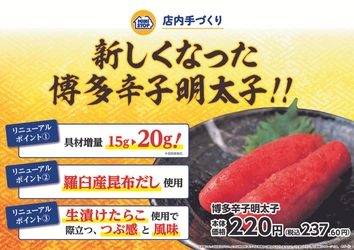 粒立ち良い、生漬けたらこと、羅臼産の昆布だしで辛味の中に旨みあり　味付けと製法にこだわった博多辛子明太子使用！！「手づくりおにぎり　博多辛子明太子」４月５日（金）新発売！！