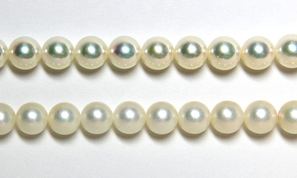 パールリフレッシャーによるパールクリーニングのビフォー(下)アフター(上)