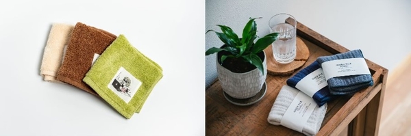 senshu×kindai（2020年）泉州美人（ハンカチ）（左）、INNER PILE（miniタオル）（右）