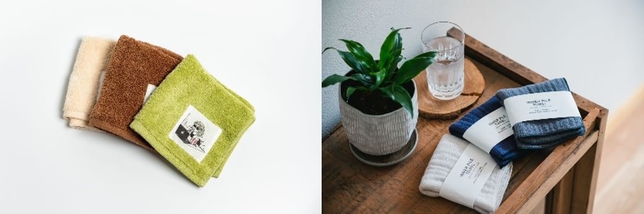 senshu×kindai（2020年）泉州美人（ハンカチ）（左）、INNER PILE（miniタオル）（右）