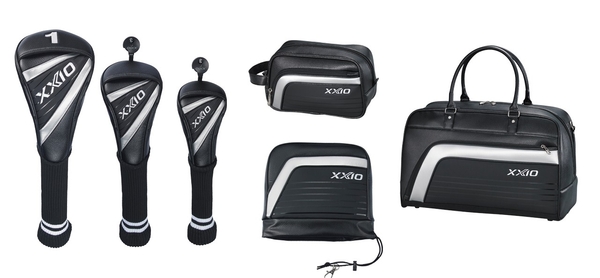 写真左から、ヘッドカバー（GGE-X163D、F、H）、写真中央上段、ラウンドポーチ（GGB-X163RP）、 写真中央下段アイアンカバー（GGE-X163I）、写真右、ボストンバッグ（GGB-X163）