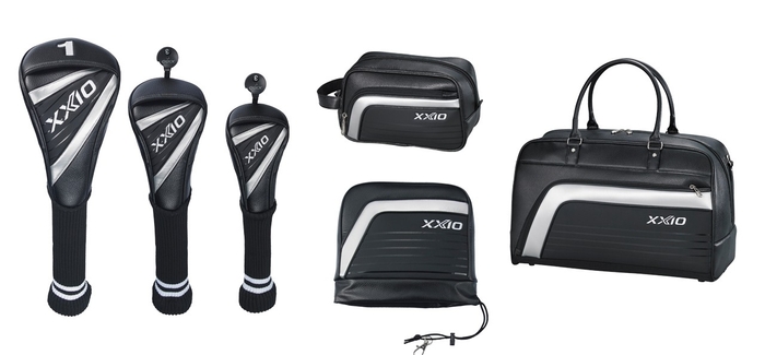 写真左から、ヘッドカバー（GGE-X163D、F、H）、写真中央上段、ラウンドポーチ（GGB-X163RP）、 写真中央下段アイアンカバー（GGE-X163I）、写真右、ボストンバッグ（GGB-X163）