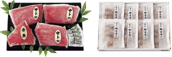 黒門市場＜新魚栄＞近大マグロセット（左）、黒門市場＜新魚栄＞近大鯛茶漬けセット（右）