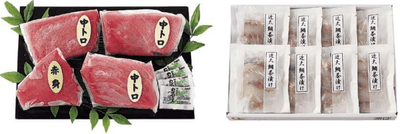 黒門市場<新魚栄>近大マグロセット(左)、黒門市場<新魚栄>近大鯛茶漬けセット(右)