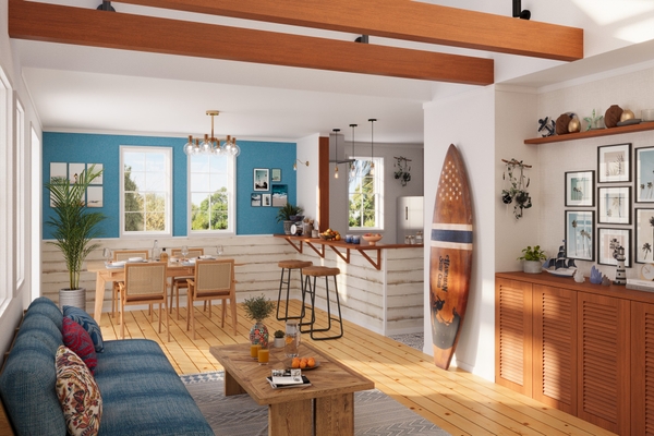 サーフボードやビーチテイストの装飾が映える吹抜けのリビングダイニング。ブルーの壁と木製梁、白い腰壁が調和した開放的な空間。※画像はイメージです。