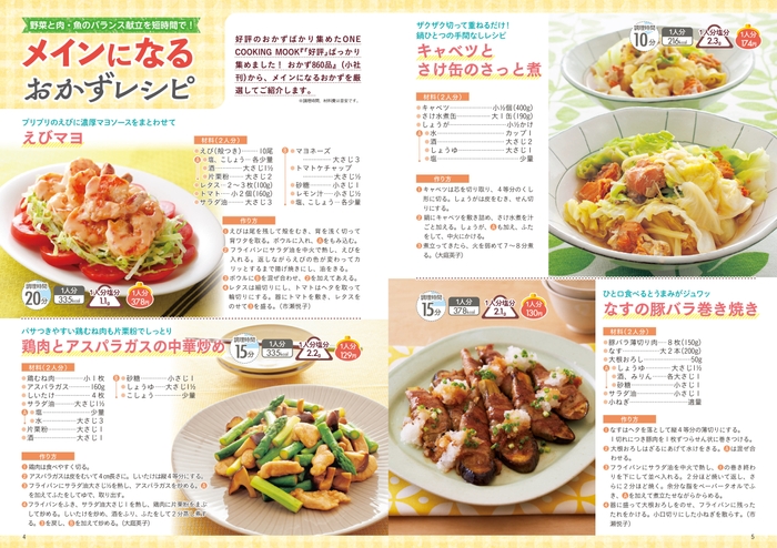 巻頭では、野菜と肉・魚のバランスがよく手軽にできる「メインになるおかずレシピ」を紹介。