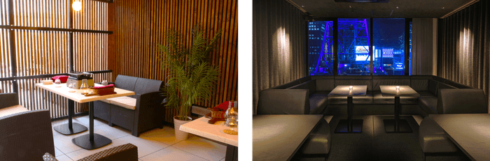 【ルーフフロア】雨でも利用可能なビアガーデン席、【アフターバー】BBQの後は涼しい屋内へ