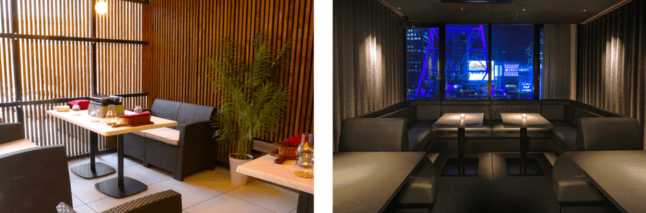 【ルーフフロア】雨でも利用可能なビアガーデン席、【アフターバー】BBQの後は涼しい屋内へ