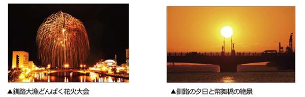 釧路大漁どんぱく花火大会/釧路の夕日と幣舞橋の絶景