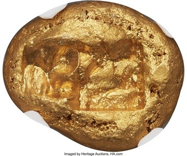 Greek: LYDIAN KINGDOM. Croesus (561-546 BC). AV stater (16mm, 10.77 gm). NGC Gem MS★ 5/5 - 5/5, Fine Style.