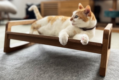 愛猫の休息に贅沢な無垢材のベッド