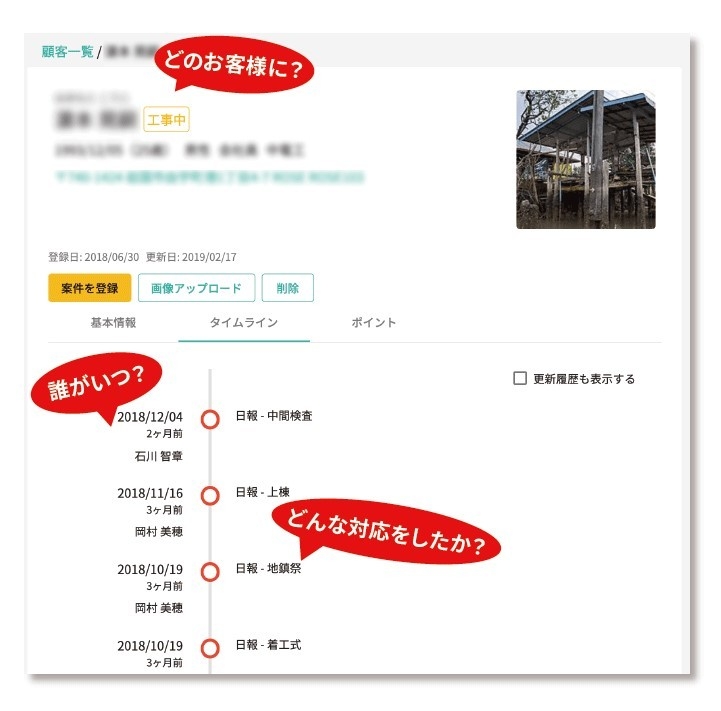 顧客情報の更新履歴をタイムライン表示