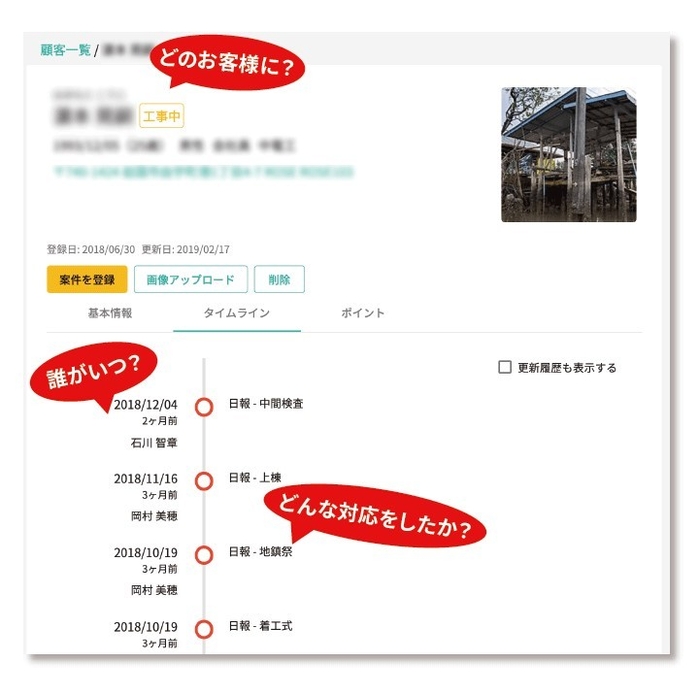 顧客情報の更新履歴をタイムライン表示