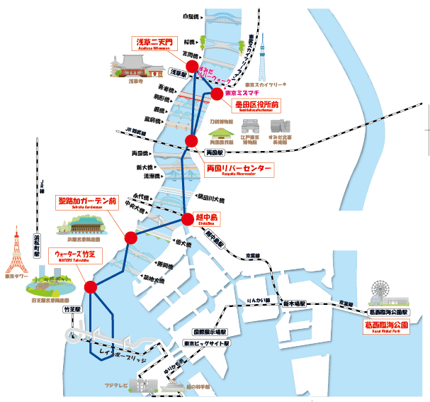 隅田川に架かる13の橋（青線は東京水辺ラインの浅草・お台場コースの航路）