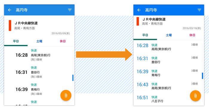オープンβテストで得たフィードバックからの改善例「時刻表」画面イメージ