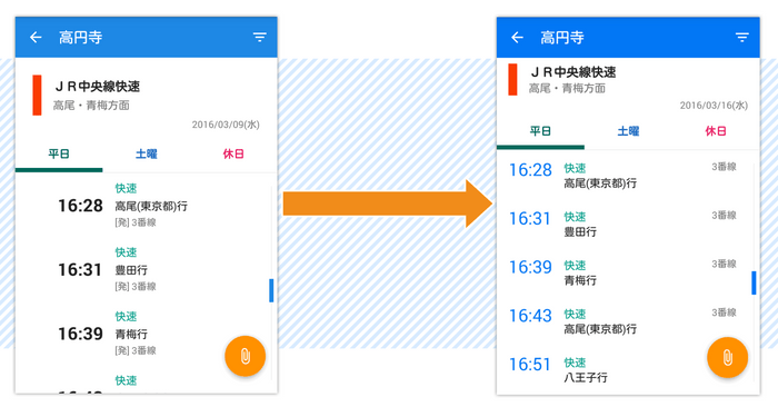 オープンβテストで得たフィードバックからの改善例「時刻表」画面イメージ