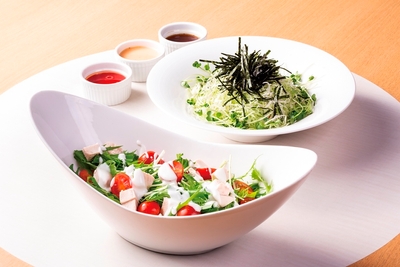 「スチームチキンと水菜のサラダ ヨーグルトドレッシングがけ」、「旬のキャベツと揚げじゃこのサラダ」