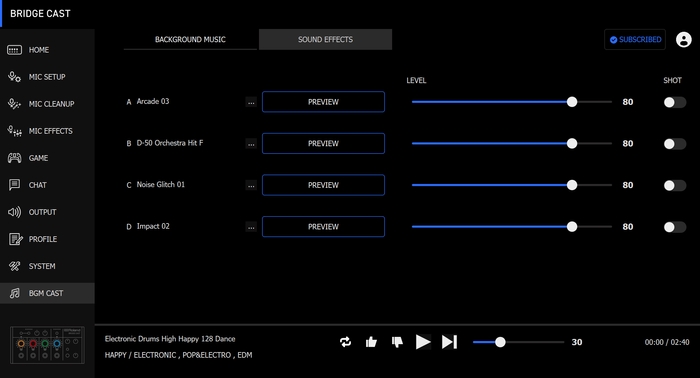 『BGM CAST』効果音設定画面
