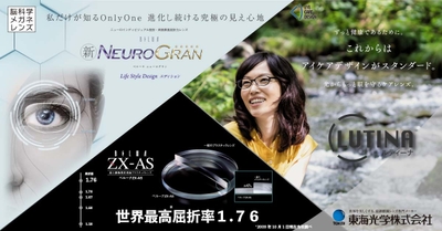 東海光学 販売製品:脳科学メガネレンズ「ニューログラン」、世界最高屈折率1.76レンズ「ZX-AS」、アイケアレンズ「ルティーナ」