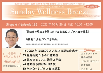 『認知症の現状と予防に向けたMIND-Jプラス食の提案』 無料オンラインセミナーを10/26(日)朝10時開催 《医師・歯科医師・薬剤師向け》 内藤 裕二 先生 (京都府立医科大学大学院医学研究科 生体免疫栄養学講座／教授)