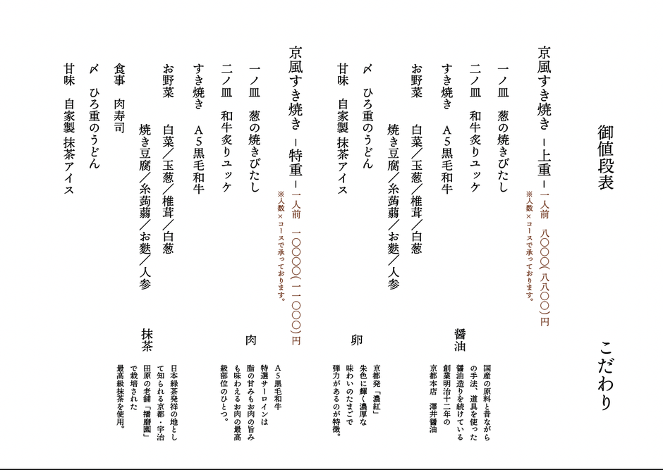 「すき焼き 肉のひろ重 高辻」のコースメニュー
