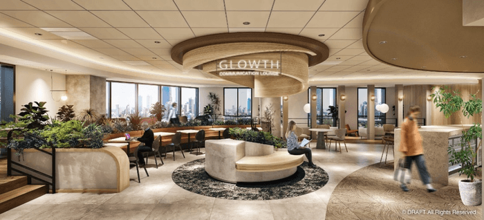 「GLOWTH」とはGROWTH(成長)とGLOW(輝き、満悦感、幸福感)を掛け合わせた造語。空間コンセプトである「年輪」をモチーフとしつつ、 ラウンジを利用する人々の心が満たされ、その幸福の輪が広がっていくようにという意を込め名づけました。