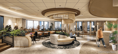 「GLOWTH」とはGROWTH(成長)とGLOW(輝き、満悦感、幸福感)を掛け合わせた造語。空間コンセプトである「年輪」をモチーフとしつつ、 ラウンジを利用する人々の心が満たされ、その幸福の輪が広がっていくようにという意を込め名づけました。