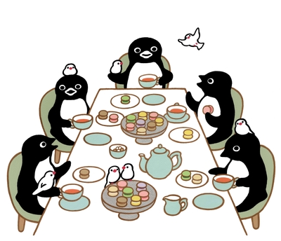 新作版画「ペンギンと文鳥のマカロンパーティー」110,000円(税込) 43×50cm
